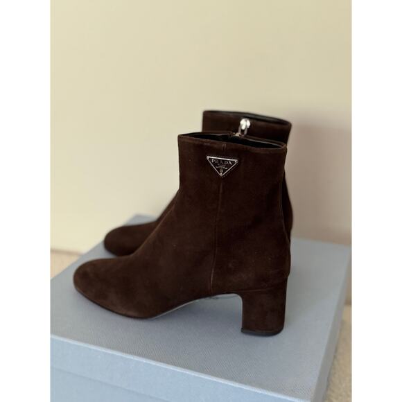 Prada Brown Suede Ankle Boots 37.5 | Logo Heel Zip Booties Made in Italy NIB - Picture 6 of 13